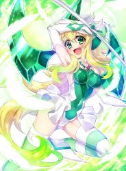 Rule 34 | 1girl, akatsuki kirika, blonde hair, breasts, cameltoe, covered navel, elbow gloves, gloves, gradient hair, green eyes, green hair, green leotard, highres, large breasts, leotard, long hair, looking at viewer, multicolored hair, open mouth, scythe, senki zesshou symphogear, shiny clothes, shiny skin, skin tight, smile, solo, striped clothes, striped thighhighs, thighhighs, very long hair, yuuheisyoujyo