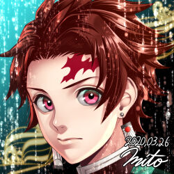 Rule 34 | 1boy, brown hair, commentary request, dated, earrings, expressionless, hanafuda earrings, jewelry, kamado tanjirou, kimetsu no yaiba, male focus, mito amatsu, pink eyes, portrait, scar, scar on face, scar on forehead, signature, solo