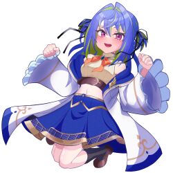 Rule 34 | 1girl, absurdres, belt, black ribbon, black socks, blue brooch, blue hair, blue skirt, blush, bow, bowtie, breasts, brown belt, brown footwear, brown shirt, buttons, chest belt, clenched hands, coat, commentary request, crop top, frilled sleeves, frills, full body, green hair, hair between eyes, hair intakes, hair ribbon, highres, hiyoku no crosspiece, jumping, long hair, long sleeves, looking at viewer, mary janes, medium bangs, medium breasts, midriff, mole, mole on stomach, mole under eye, multicolored hair, nanashi inc., navel, open clothes, open coat, open mouth, orange bow, orange bowtie, pink eyes, plaid trim, ribbon, round teeth, shirt, shoes, simple background, skirt, sleeveless, sleeveless shirt, smile, socks, solo, striped clothes, striped shirt, suzumi nemo, suzumi nemo (1st costume), teeth, two-tone hair, two side up, upper teeth only, vertical-striped clothes, vertical-striped shirt, virtual youtuber, white background, white coat, yomusu