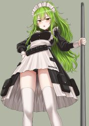 Rule 34 | 1girl, :o, apron, belt, belt pouch, black dress, black panties, cameltoe, commentary request, dress, frilled dress, frills, from below, girls&#039; frontline, green hair, grey background, hand on own hip, holding, long hair, long sleeves, looking at viewer, m950a (girls&#039; frontline), m950a (home ec training) (girls&#039; frontline), maid, maid apron, maid headdress, official alternate costume, open mouth, panties, pantyshot, ponytail, pouch, sidelocks, simple background, solo, standing, thighhighs, thighs, underwear, very long hair, white apron, white thighhighs, yakob labo, yellow eyes