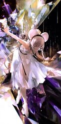 Rule 34 | 1girl, abstract background, absurdres, alternate costume, animal ears, arknights, arm up, ballet slippers, black hair, breasts, cleavage, closed mouth, commentary request, dress, full body, grey eyes, grey hair, highres, leaning forward, lin (arknights), long hair, looking at viewer, medium breasts, mouse ears, mouse girl, sleeveless, sleeveless dress, solo, tiptoes, white dress, yonghu pei yezi