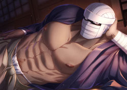 Rule 34 | 1boy, abs, architecture, bandage on face, bandages, bara, bare pectorals, bida, building, covered face, dark-skinned male, dark skin, east asian architecture, fundoshi, hakama, hand on own hip, hand on own head, japanese clothes, kimono, large pectorals, looking at viewer, lying, male focus, male underwear, manly, mask, muscular, muscular male, navel, navel hair, nipples, on side, original, pectorals, red eyes, red hair, solo, sweat, sweatdrop, underwear, upper body, yukata