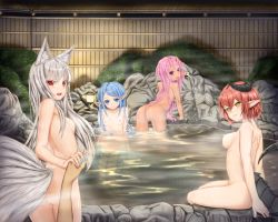 Rule 34 | 4girls, animal ears, bad id, bad pixiv id, blue eyes, blue hair, breasts, dark-skinned female, dark skin, fox ears, fox tail, horns, lamia, long hair, monster girl, multiple girls, multiple tails, nipples, nude, onsen, original, partially submerged, pink hair, pointy ears, pussy, red eyes, red hair, short hair, silver hair, sitting, small breasts, snake tail, tail, tenyoshi (briansept), uncensored, yellow eyes
