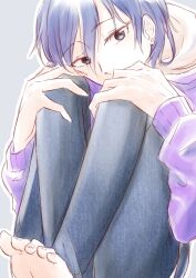 Rule 34 | 1boy, absurdres, b-project, covering own mouth, denim, haruka hrn0510, highres, jeans, light blue background, long sleeves, looking at viewer, male focus, pants, purple eyes, purple hair, purple sweater, short hair, sketch, solo, sweater, teramitsu yuduki
