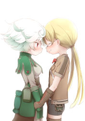Rule 34 | 2girls, abutomato, bike shorts, blonde hair, brown gloves, closed mouth, commentary request, closed eyes, glasses, gloves, green gloves, holding hands, highres, long hair, looking at another, made in abyss, multiple girls, profile, prushka, red eyes, riko (made in abyss), short hair, simple background, smile, twintails, white background, white hair