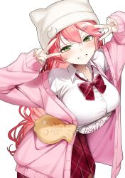 Rule 34 | 1girl, animal ear headwear, blush, bow, bowtie, breasts, collared shirt, commentary request, double v, fake animal ears, fingernails, green eyes, hair between eyes, hair ornament, hairclip, highres, hololive, jacket, kuma daigorou, large breasts, long hair, long sleeves, looking at viewer, nail polish, open clothes, open jacket, pink hair, pink jacket, pink nails, plaid, plaid bow, plaid bowtie, plaid skirt, pleated skirt, puffy long sleeves, puffy sleeves, red bow, red bowtie, red skirt, sakura miko, shirt, simple background, skirt, smile, solo, v, v-shaped eyebrows, virtual youtuber, white background, white headwear, white shirt