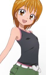 Rule 34 | 00s, 1girl, :d, breasts, brown eyes, brown hair, covered erect nipples, futari wa precure, heart, looking at viewer, misumi nagisa, oimanji, open mouth, precure, small breasts, smile, solo