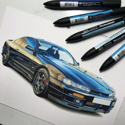 Rule 34 | art tools in frame, car, commentary, english commentary, highres, making-of available, marker (medium), modifiedartworks, motor vehicle, nissan, nissan s14 silvia, nissan silvia, no humans, original, photo (medium), shadow, sports car, traditional media, vehicle focus, white background