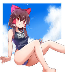 Rule 34 | 1girl, barefoot, blue one-piece swimsuit, blush, bow, breasts, brown hair, commentary request, cookie (touhou), eyes visible through hair, foot out of frame, frilled hair tubes, frills, hair between eyes, hair bow, hair tubes, hakurei reimu, highres, looking at viewer, medium breasts, name tag, one-piece swimsuit, open mouth, red bow, red eyes, reu (cookie), school swimsuit, short hair with long locks, solo, swimsuit, touhou, yumekamaborosh