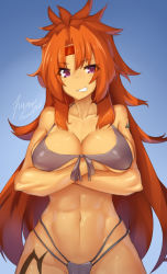 Rule 34 | 1girl, abs, bikini, blue background, breast hold, breast rest, breasts, crossed arms, female focus, front-tie bikini top, front-tie top, grey bikini, grin, headband, large breasts, long hair, muscular, muscular female, orange hair, purple eyes, queen&#039;s blade, risty (queen&#039;s blade), risty (queen's blade), shiny skin, signature, smile, solo, spiked hair, swimsuit, tattoo, tilt-shift (azalanz), toned, wilderness bandit risty