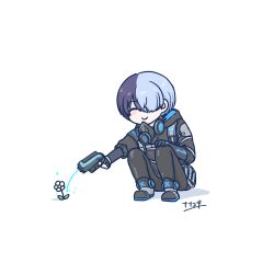 Rule 34 | 1boy, absurdres, aoyagi touya, blue hair, close game/offline (project sekai), closed eyes, closed mouth, commentary request, dark blue hair, flower, full body, hair over one eye, hand on own knee, highres, holding, holding water gun, hood, hood down, leaf, long sleeves, male focus, mask, mask around neck, unworn mask, multicolored hair, nanayuki akmy, official alternate costume, official alternate hairstyle, one eye covered, project sekai, short hair, simple background, smile, solo, split-color hair, squatting, two-tone hair, water gun, white background