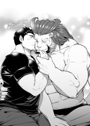 Rule 34 | 2boys, abs, animal ears, arsalan (housamo), bara, black hair, couple, facial hair, feet out of frame, fire, flaming halo, furry, furry male, furry with non-furry, greyscale, halo, highres, holding hands, interspecies, kiss, kissing cheek, large pectorals, lion boy, lion ears, lion tail, male focus, male underwear, male underwear peek, mature male, monochrome, multicolored hair, multiple boys, muscular, muscular male, nipples, pectorals, short hair, sideburns, sitting, spiked hair, stomach, stubble, tail, thick thighs, thighs, tokyo houkago summoners, topless male, two-tone hair, underwear, veins, wafu (youzora samo18), yaoi, zabaniyya (housamo)