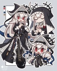 Rule 34 | 1girl, arknights, black dress, black footwear, black headwear, black pantyhose, blue ribbon, border, chibi, closed eyes, closed mouth, color guide, commentary, cropped torso, dress, full body, grey background, grey hair, habit, hat, hat ribbon, highres, long hair, multiple views, open mouth, outline, own hands together, pantyhose, pointy hat, praying, rasarasu, red eyes, ribbon, side slit, signature, simple background, specter (arknights), specter the unchained (arknights), white background