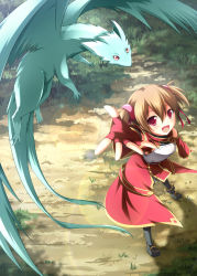 Rule 34 | 10s, 1girl, arm up, brown hair, child, fingerless gloves, flying, from above, gloves, grass, highres, multiple tails, open mouth, pina (sao), red eyes, short hair, silica, sword art online, tail, tsuda akira, twintails, two tails
