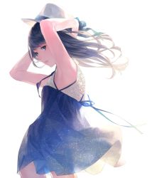 Rule 34 | 1girl, aquarius (constellation), armpits, arms up, backlighting, black hair, blue eyes, capricorn (constellation), constellation, constellation print, cowboy shot, dress, expressionless, from side, hat, highres, leo (constellation), long hair, looking to the side, original, ribbon, sagittarius (constellation), scorpius (constellation), solo, sousou (sousouworks), virgo (constellation), white background, white hat, wind