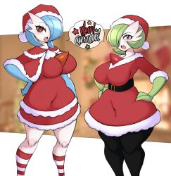 Rule 34 | 2girls, @, absurdres, alternate color, arm at side, belt, black pantyhose, blue hair, blue skin, blurry, blurry background, blush, bob cut, breasts, capelet, christmas, clothed pokemon, colored skin, creatures (company), dress, english text, female focus, fur-trimmed capelet, fur-trimmed dress, fur-trimmed headwear, fur trim, game freak, gardevoir, gen 3 pokemon, green hair, green skin, hair over one eye, hand on own hip, hands on own hips, hat, highres, kneehighs, large breasts, looking at viewer, merry christmas, multicolored skin, multiple girls, nintendo, one eye covered, open mouth, pantyhose, pokemon, pokemon (creature), red capelet, red dress, red eyes, red headwear, red socks, ringed eyes, saltyxodium, santa costume, santa hat, shiny pokemon, short dress, short hair, socks, speech bubble, spoken star, standing, star (symbol), striped clothes, striped socks, talking, teeth, two-tone skin, white skin, wide hips