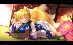 Rule 34 | 1girl, ^ ^, adapted costume, animal ears, artist name, bare shoulders, blonde hair, blush stickers, breasts, brown cat, chen, chen (cat), cherry blossoms, chinese clothes, closed eyes, detached sleeves, dress, dutch angle, floral print, flower, fox ears, fox tail, green hat, hat, highres, indoors, large breasts, letterboxed, light particles, long sleeves, looking at viewer, lying, mob cap, monety, multiple tails, nail polish, nekomata, no headwear, on floor, on stomach, pink flower, pink lips, pink nails, scan, short dress, short hair, sliding doors, tabard, tail, thighs, touhou, twisted torso, two tails, white dress, wide sleeves, yakumo ran, yellow eyes