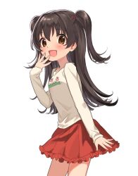 1girl akagi_miria alternate_hair_length alternate_hairstyle black_hair blush breasts brown_eyes cowboy_shot dot_nose euphoniummatsu frilled_skirt frills from_side hair_tie hand_up highres idolmaster idolmaster_cinderella_girls idolmaster_cinderella_girls_starlight_stage long_hair long_sleeves looking_at_viewer open_hand open_mouth pleated_skirt red_skirt shirt simple_background skirt small_breasts smile solo standing two_side_up white_background white_shirt