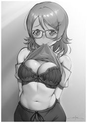 Rule 34 | 1girl, arms behind back, artist name, bare shoulders, blush, border, bow, bow bra, bra, breasts, cleavage, closed mouth, clothes in mouth, clothes lift, collarbone, floral print, glasses, gradient background, grey background, greyscale, hair ornament, hairclip, highres, koizumi hanayo, lifting own clothes, looking at viewer, love live!, love live! school idol project, medium breasts, medium hair, monochrome, mouth hold, navel, off-shoulder shirt, off shoulder, pants, print bra, raised eyebrows, shiny skin, shirt, shirt in mouth, shirt lift, short sleeves, signature, solo, standing, stomach, swept bangs, tank top, underwear, unsfrau, upper body, wavy mouth, white background, white border, x hair ornament