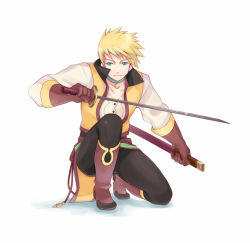 Rule 34 | 00s, 1boy, blonde hair, blue eyes, boots, choker, gloves, guy cecil, knee boots, male focus, sheath, sheathed, smile, solo, sword, tales of (series), tales of the abyss, weapon, zara king