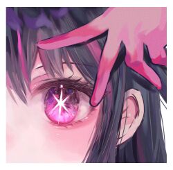 Rule 34 | 1girl, arm up, black hair, border, ceiling39, close-up, commentary request, gloves, highres, hoshino ai (oshi no ko), korean commentary, looking at viewer, multicolored hair, oshi no ko, pink eyes, pink gloves, pink hair, solo, star-shaped pupils, star (symbol), streaked hair, symbol-shaped pupils, two-tone hair, white border