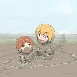 Rule 34 | 2girls, absurdres, breasts, dirty, fang, flat chest, highres, mud, muddy, multiple girls, nipples, nude, open mouth, original, outdoors, partially submerged, purple eyes, short hair, stuck, taramin, yellow eyes