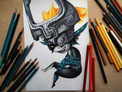 Rule 34 | 1girl, absurdres, art tools in frame, black skin, colored pencil (medium), colored skin, commentary, english commentary, fang, full body, helmet, highres, imp, long hair, looking at viewer, midna, multicolored skin, nintendo, one eye covered, photo (medium), pointy ears, polaara, red eyes, red hair, simple background, solo, teeth, the legend of zelda, the legend of zelda: twilight princess, traditional media, two-tone skin, white background, white skin