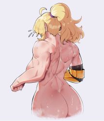 Rule 34 | 1girl, ass, back, back focus, blonde hair, breasts, hentaly, highres, large breasts, long hair, mechanical arms, muscular, muscular arms, muscular back, muscular female, nude, ponytail, prosthesis, prosthetic arm, rwby, single mechanical arm, solo, sweat, nervous sweating, yang xiao long