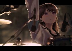 1girl absurdres arm_up bang_dream! bang_dream!_it&#039;s_mygo!!!!! blush brown_hair commentary drum drum_set earpiece english_commentary highres instrument letterboxed long_hair microphone mole mole_under_eye outside_border parted_lips purple_eyes raito_taisha shiina_taki solo