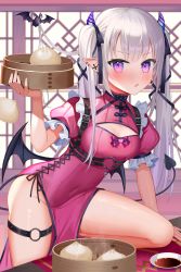 Rule 34 | 1girl, absurdres, amahara subaru, bamboo steamer, baozi, bare legs, black ribbon, blush, breasts, cleavage cutout, clothing cutout, commentary, covered navel, demon girl, demon horns, demon tail, demon wings, dress, ear piercing, food, frilled sleeves, frills, hair ribbon, highres, holding, horns, indoors, long hair, looking at viewer, low wings, no panties, original, parted lips, piercing, pink dress, pointy ears, puffy short sleeves, puffy sleeves, purple eyes, ribbon, short sleeves, silver hair, solo, symbol-only commentary, tail, thigh strap, twintails, very long hair, wings