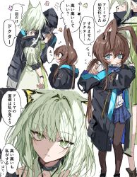 Rule 34 | aged down, amiya (arknights), animal ear fluff, animal ears, arknights, black jacket, blue collar, blue eyes, blush, boots, brown hair, cat ears, collar, doctor (arknights), dress, dress tug, green dress, green eyes, green hair, green skirt, hair intakes, hand on another&#039;s shoulder, hand on own face, highres, hood, hooded jacket, jacket, kal&#039;tsit (arknights), long hair, material growth, multiple girls, na tarapisu153, off shoulder, open clothes, open jacket, open mouth, oripathy lesion (arknights), pleated skirt, pointing, pointing at self, ponytail, rabbit ears, short hair, skirt, translation request