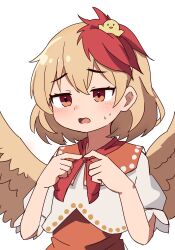 Rule 34 | 1girl, animal, animal on head, bird, bird on head, bird wings, blonde hair, chick, choker, commentary request, dress, feathered wings, highres, index fingers together, kv-san, multicolored hair, neckerchief, niwatari kutaka, on head, open mouth, orange dress, orange eyes, puffy short sleeves, puffy sleeves, red hair, red neckerchief, ribbon choker, shirt, short hair, short sleeves, simple background, solo, sweatdrop, touhou, two-tone hair, upper body, white background, white shirt, wings, yellow wings