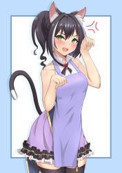 Rule 34 | 1girl, absurdres, anger vein, animal ear fluff, animal ears, apron, bare shoulders, black hair, blue border, blush, border, breasts, brooch, cat ears, cat girl, cat tail, dress, fang, green eyes, highres, jewelry, karyl (princess connect!), long hair, looking at viewer, multicolored hair, open mouth, paw pose, pm tii (matuko1024), ponytail, princess connect!, purple dress, sleeveless, sleeveless dress, small breasts, solo, streaked hair, tail, white background, white hair