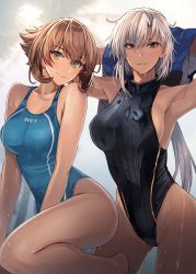 Rule 34 | 2girls, black one-piece swimsuit, blue one-piece swimsuit, breasts, brown hair, competition swimsuit, dark-skinned female, dark skin, glasses, green eyes, hair between eyes, highres, kantai collection, kasumi (skchkko), large breasts, long hair, looking at viewer, multiple girls, musashi (kancolle), mutsu (kancolle), one-piece swimsuit, red eyes, short hair, swimsuit, white hair