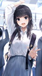 Rule 34 | 1girl, :d, arm up, backpack, bag, black bag, black hair, blue eyes, blush, breasts, collared shirt, commentary request, dress shirt, grey skirt, highres, kurokuro illust, long hair, looking at viewer, medium breasts, multiple others, open mouth, original, pleated skirt, school bag, school uniform, shirt, shirt tucked in, sidelocks, skirt, sleeves rolled up, smile, solo focus, train interior, white shirt
