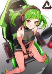 Rule 34 | 1girl, absurdres, animal slippers, bad id, bad pixiv id, bare arms, bare legs, bare shoulders, between legs, black skirt, blunt bangs, blush, bracelet, breasts, chair, cleavage, closed mouth, crop top, delutaya, from behind, gaming chair, green hair, hand between legs, hatsuno xxx, headset, highres, indie virtual youtuber, jewelry, looking at viewer, medium breasts, microphone, red eyes, simple background, sitting, skirt, slippers, smile, solo, swivel chair, twintails, v arms, virtual youtuber