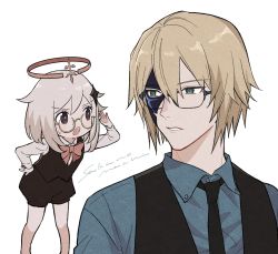 Rule 34 | 1boy, 1girl, alternate costume, bespectacled, black necktie, black shorts, black vest, blonde hair, blue eyes, blue shirt, dainsleif (genshin impact), eye contact, genshin impact, glasses, hair ornament, halo, hand on own hip, highres, looking at another, mask, mask over one eye, necktie, open mouth, paimon (genshin impact), parted lips, sakanomachico, shirt, shorts, signature, simple background, sweat, vest, white background, white hair, white shirt