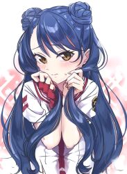 Rule 34 | 1girl, aika granzchesta, aogirism, aria (manga), aria the natural, blue hair, blush, earrings, fingerless gloves, gloves, highres, himeya company uniform, holding, holding own hair, jewelry, long hair, looking at viewer, red gloves, short sleeves, solo, sweatdrop, swept bangs, upper body, yellow eyes