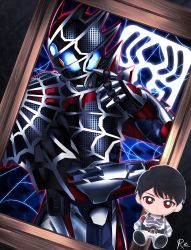 Rule 34 | absurdres, armor, artist name, asymmetrical armor, black armor, black hair, commentary, demons driver, drawing (object), driver (kamen rider), english commentary, extra eyes, fenix uniform, gloves, highres, iei, kadota hiromi, kamen rider, kamen rider demons, kamen rider revice, mourning, picture frame, red eyes, reiei 8, rider belt, signature, silk, silver gloves, spider genome, spider web, spoilers, stamp mark, stuffed toy, vistamp