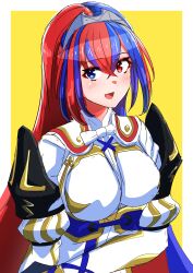 Rule 34 | 1girl, absurdres, alear (female) (fire emblem), alear (fire emblem), blue eyes, blue hair, crossed bangs, fire emblem, fire emblem engage, hair between eyes, heterochromia, highres, long hair, multicolored hair, nintendo, open mouth, red eyes, red hair, ribbon, smile, solo, split-color hair, tiara, to (tototo tk), two-tone hair, very long hair, white ribbon