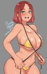 Rule 34 | 1girl, 2020, agawa ryou, areola slip, artist name, bare shoulders, belly, bikini, breasts, commentary, dated, freckles, green eyes, grey background, huge breasts, looking at viewer, navel, original, red hair, short hair, signature, simple background, smile, solo, swimsuit, thick thighs, thighs, yellow bikini