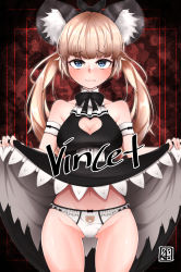 Rule 34 | 10s, 1girl, absurdres, animal ear fluff, animal ears, animal print, bad id, bad pixiv id, bear ears, bear panties, bear print, blade &amp; soul, blonde hair, blue eyes, breasts, chickenvomit, cleavage, cleavage cutout, clothes lift, clothing cutout, dress, dress lift, frilled panties, frills, groin, highres, long hair, lyn (blade &amp; soul), navel, panties, print panties, sleeveless, sleeveless dress, solo, thighs, twintails, underwear, white panties