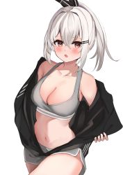 Rule 34 | 1girl, :o, absurdres, black bow, black hoodie, blush, bow, breasts, cleavage, collarbone, commentary request, commission, cowboy shot, grey hair, grey shorts, grey sports bra, hair bow, highres, hood, hoodie, long sleeves, medium breasts, midriff, navel, open mouth, original, pixiv commission, red eyes, shorts, side ponytail, simple background, solo, sports bra, sportswear, stomach, undressing, unzipped, v a i r, white background