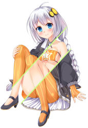 Rule 34 | 1girl, black dress, black footwear, black jacket, blue eyes, blush, braid, breasts, cleavage, closed mouth, collarbone, commentary request, dress, fingerless gloves, fingernails, full body, gloves, hair ornament, hand on own knee, head tilt, high heels, jacket, kizuna akari, knees up, long hair, low twintails, medium breasts, open clothes, open jacket, orange gloves, pantyhose, puffy short sleeves, puffy sleeves, revealing layer, shoes, short sleeves, silver hair, simple background, sitting, smile, solo, star (symbol), striped clothes, striped gloves, striped pantyhose, twin braids, twintails, umitonakai, vertical-striped clothes, vertical-striped gloves, vertical-striped pantyhose, very long hair, vocaloid, voiceroid, white background