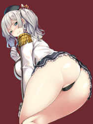 Rule 34 | ass, black panties, blue eyes, breasts, epaulettes, frilled sleeves, frills, gloves, hat, highres, jacket, kantai collection, kashima (kancolle), large breasts, military, military jacket, military uniform, miniskirt, panties, partially visible vulva, red background, silver hair, skirt, smile, solo, thighs, thong, torisan, twintails, underwear, uniform, upskirt, wavy hair, white gloves, white jacket