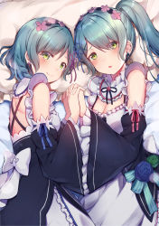 Rule 34 | 2girls, absurdres, apron, aqua hair, aqua ribbon, back bow, bang dream!, black neckwear, blue flower, blue rose, blush, bow, braid, cleavage cutout, clothing cutout, cosplay, dress, earrings, flower, flower knot, frilled apron, frilled pillow, frilled shirt collar, frilled sleeves, frills, green flower, green rose, hair ornament, hairband, highres, hikawa hina, hikawa sayo, holding hands, jewelry, long hair, looking at viewer, lying, maid, mia (fai1510), multiple girls, neck ribbon, on side, open mouth, pillow, ponytail, ram (re:zero), ram (re:zero) (cosplay), re:zero kara hajimeru isekai seikatsu, rem (re:zero), rem (re:zero) (cosplay), ribbon, ribbon-trimmed sleeves, ribbon trim, rose, short hair, siblings, side braids, sisters, smile, striped ribbon, twins, white bow, wide sleeves, x hair ornament
