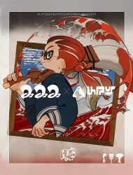 Rule 34 | 1boy, closed mouth, commentary request, copyright name, gradient background, green eyes, highres, holding, holding weapon, inkbrush (splatoon), inkling, inkling (language), inkling boy, inkling player character, long hair, low ponytail, male focus, multicolored background, nintendo, octobrush (splatoon), outside border, painbrush (splatoon), paint, pointy ears, portrait (object), red hair, round eyewear, solo, splatoon (series), splatoon 3, sunglasses, tentacle hair, totocosakana, waves, weapon, yellow-framed eyewear