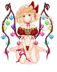 Rule 34 | 1girl, alternate costume, ankle ribbon, arm ribbon, bad id, bad twitter id, bare shoulders, barefoot, blonde hair, bow, bow panties, choker, collarbone, crystal, flandre scarlet, forced smile, frilled panties, frills, full body, gotou (nekocat), grin, hair ribbon, hat, hat bow, head tilt, heart, highres, leg ribbon, looking at viewer, mob cap, navel, panties, pink ribbon, pointy ears, puffy short sleeves, puffy sleeves, red bow, red eyes, red panties, ribbon, ribbon choker, short hair, short hair with long locks, short sleeves, side ponytail, sitting, smile, solo, stomach, strapless, thigh ribbon, touhou, tube top, underwear, v arms, wariza, white background, wings