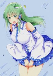 Rule 34 | 1girl, absurdres, blue skirt, blush, breasts, detached sleeves, floating hair, frog hair ornament, green eyes, green hair, hair ornament, highres, kochiya sanae, kyanta5354, large breasts, miniskirt, pleated skirt, polka dot, polka dot skirt, shirt, sidelocks, skirt, skirt tug, snake hair ornament, solo, sweatdrop, touhou, white shirt, wind
