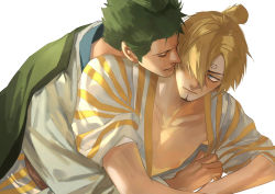 Rule 34 | 2boys, alternate hairstyle, bare pectorals, blonde hair, blush, celeboom, green hair, hair over one eye, head on another&#039;s shoulder, highres, hug, hug from behind, japanese clothes, kimono, male focus, multiple boys, nipples, official alternate costume, one piece, pectorals, roronoa zoro, sanji (one piece), scar, scar across eye, scar on face, short hair, sideburns, toned, toned male, undressing another, white background, white kimono, yaoi, yellow kimono